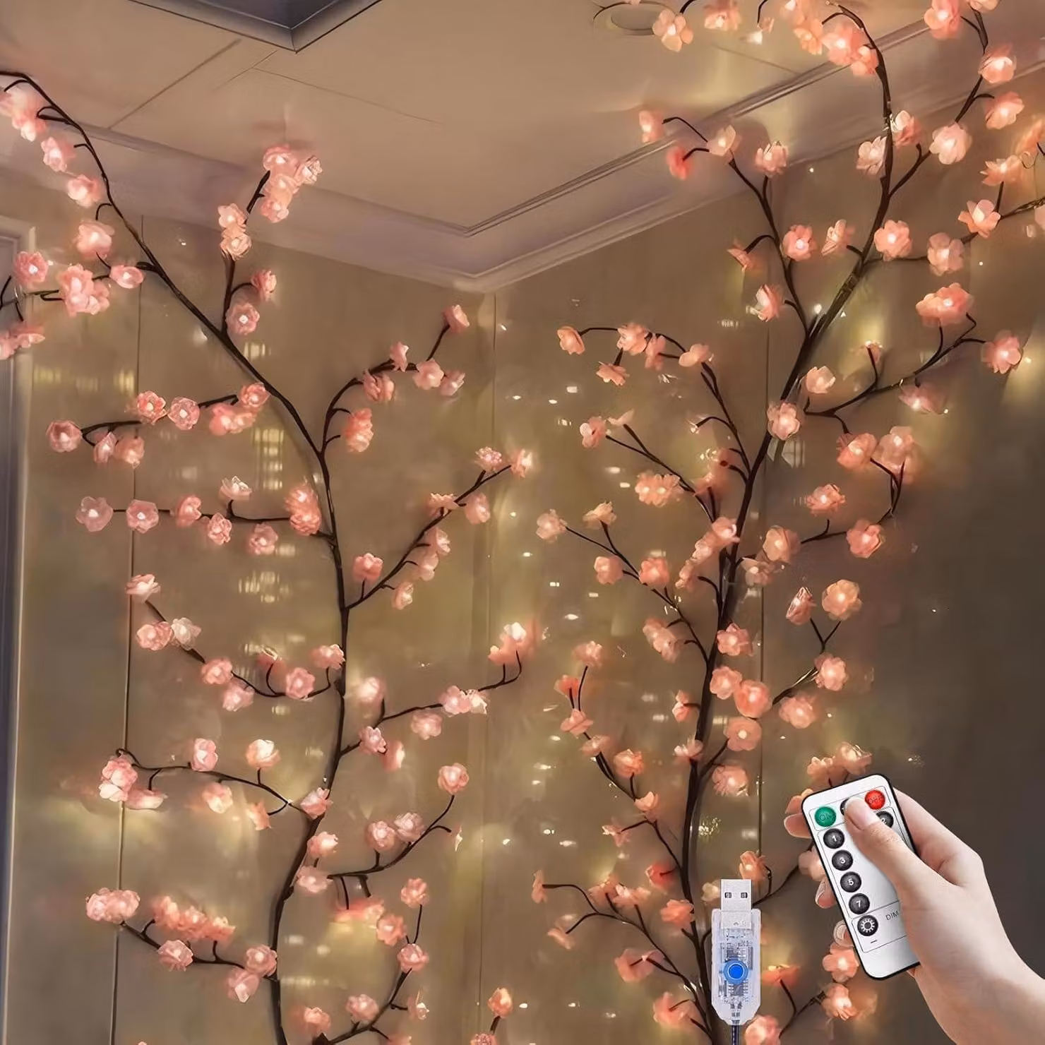 Catena luminosa con 48 LED, lunghezza 120 cm, motivo fiori di ciliegio, alimentazione USB, timer, telecomando
