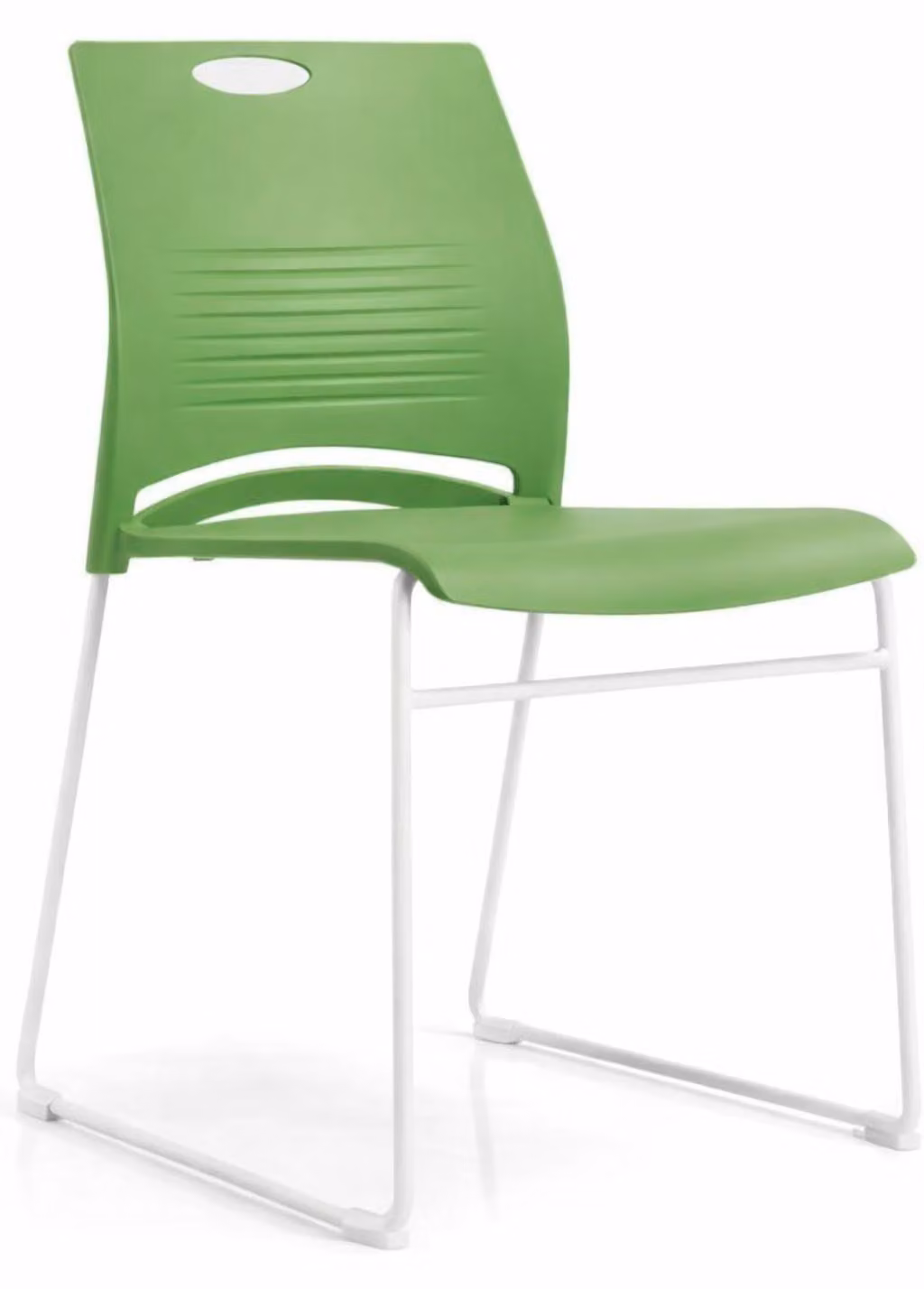 Sedia da seminario con seduta in plastica verde e struttura in metallo bianco