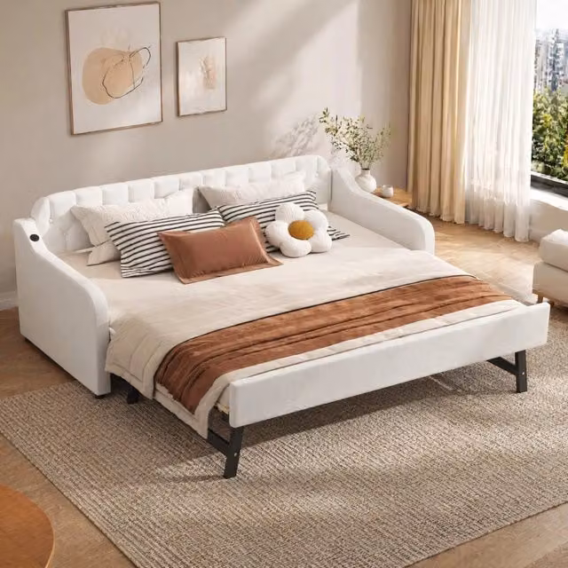 Divano letto con letto estraibile; USB; 90 x 200 cm; lino e MDF; beige