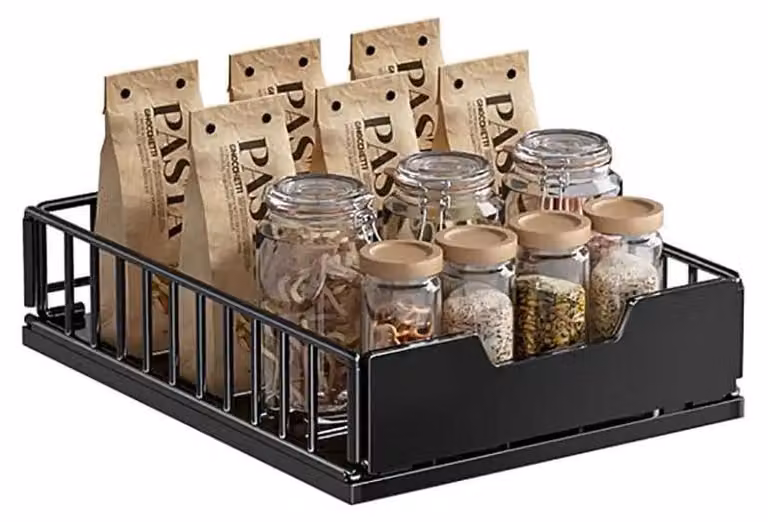 Organizzatore estraibile per armadietti da cucina - Cesto in metallo su binari, dimensioni 25x40x11 cm - Scorrimento fluido - Contenitore resistente per mobili sottolavello - Strato singolo - Colore nero
