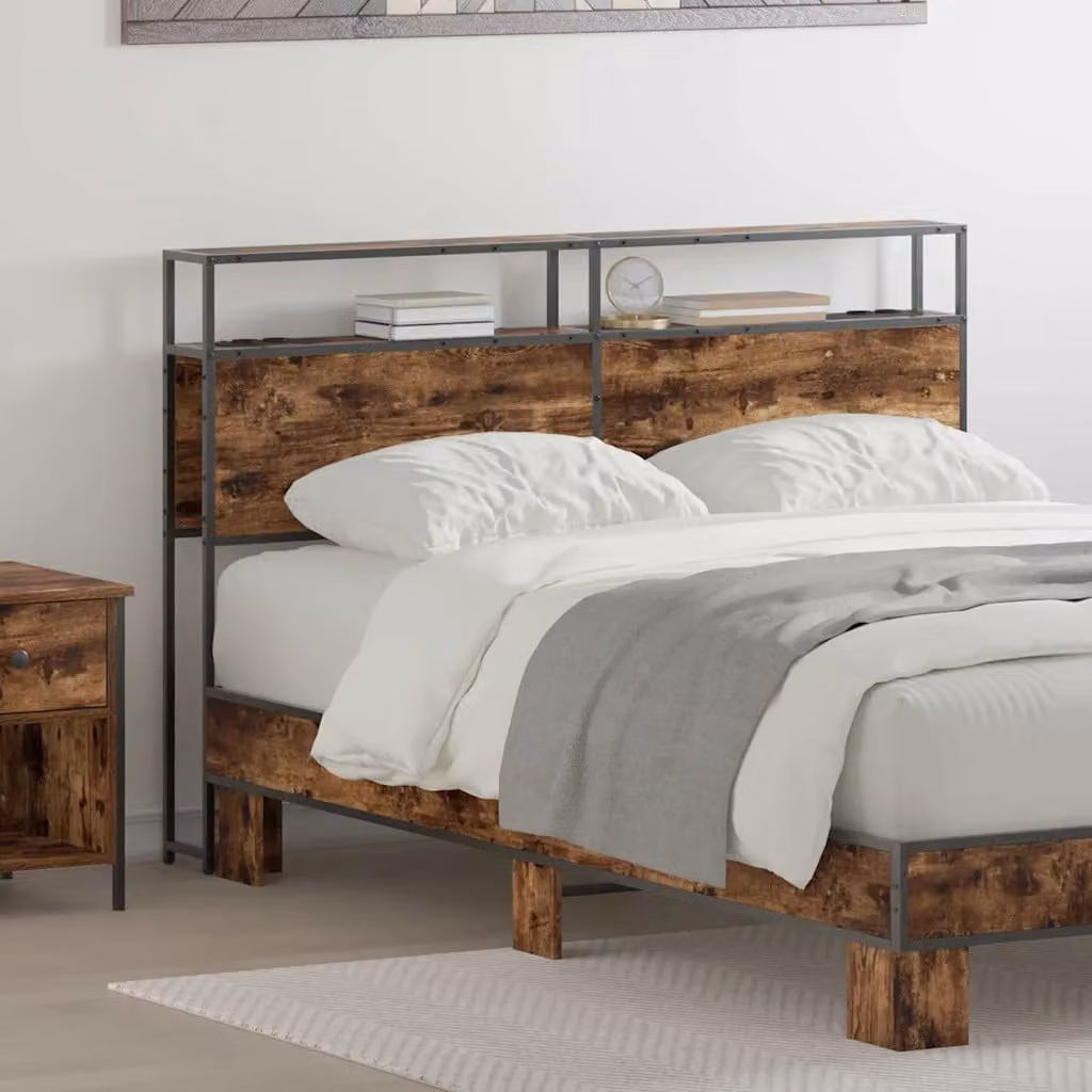 Testata del letto con contenitore vidaXL in legno ingegnerizzato e metallo, colore marrone, con ripiano integrato e porta di ricarica USB, L: 143,0 cm, H: 98,0 cm, P: 19,02 cm