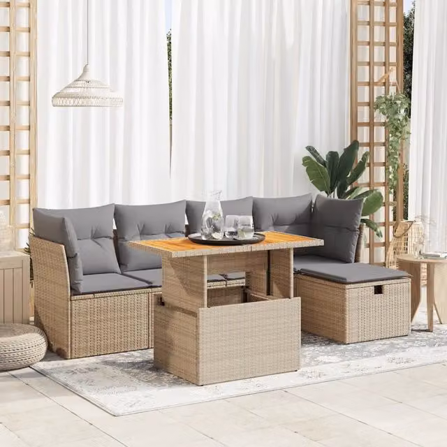 Set Divano da Giardino a L vidaXL in Polyrattan con Cuscini Beige e Tavolino da Esterno 6 Pezzi – 1