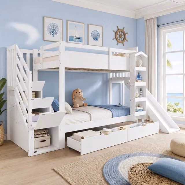 Letto a castello per bambini 90x200 cm con scivolo; scala contenitore; libreria e 2 cassetti; bianco