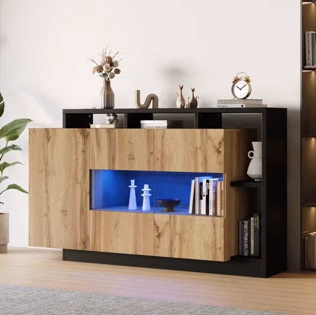 Madia contenitore LED RGB; controllo Bluetooth; MDF effetto legno e struttura nera; 140 x 44 x 94 cm