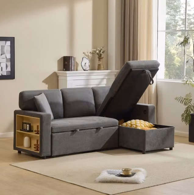 Divano letto angolare 214x131x87 cm con porta USB e contenitore grigio scuro