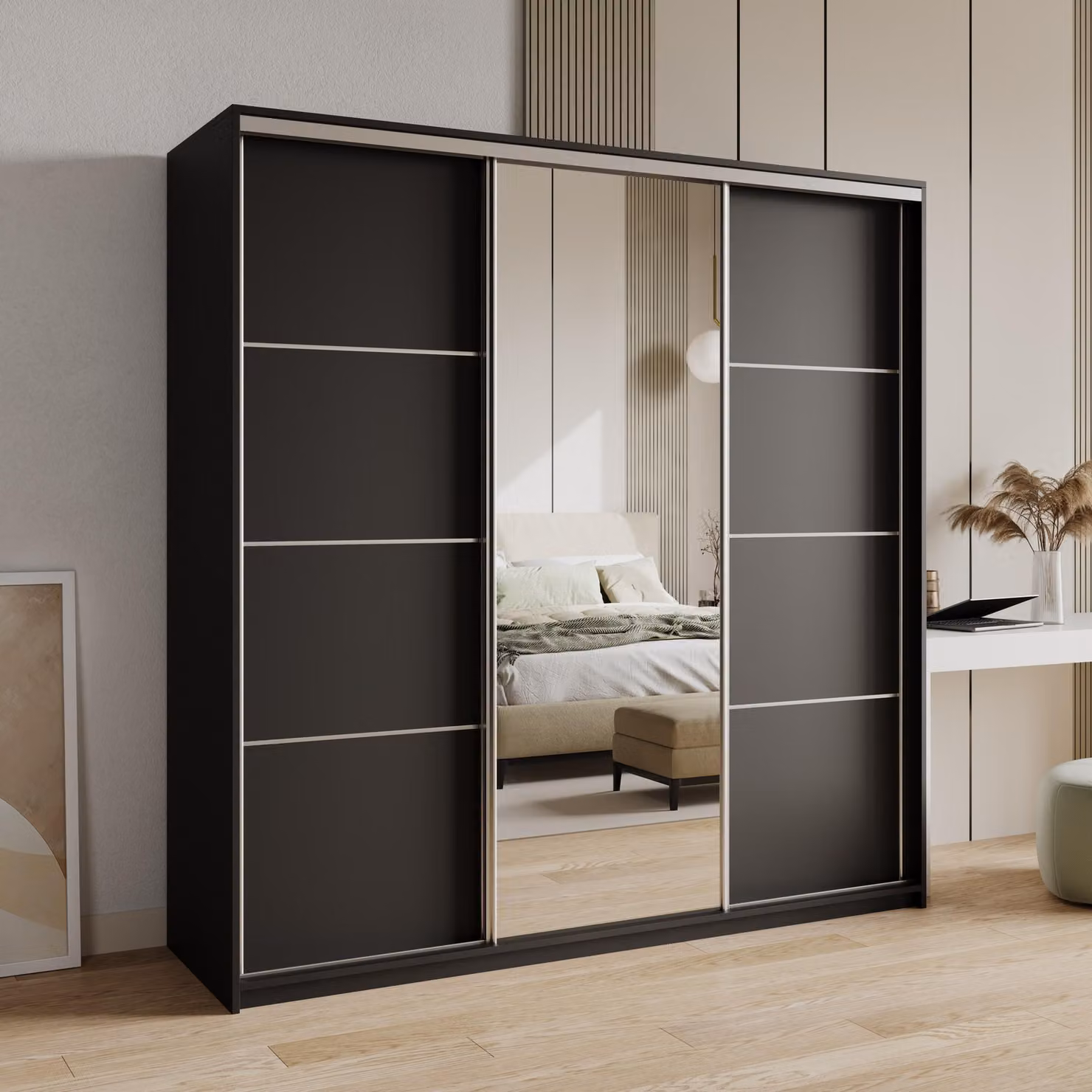 Armadio scorrevole Masseno VARO 180/205/60 cm Armadio con 4 cassetti Armadio per camera da letto a 3 ante con specchio Nero