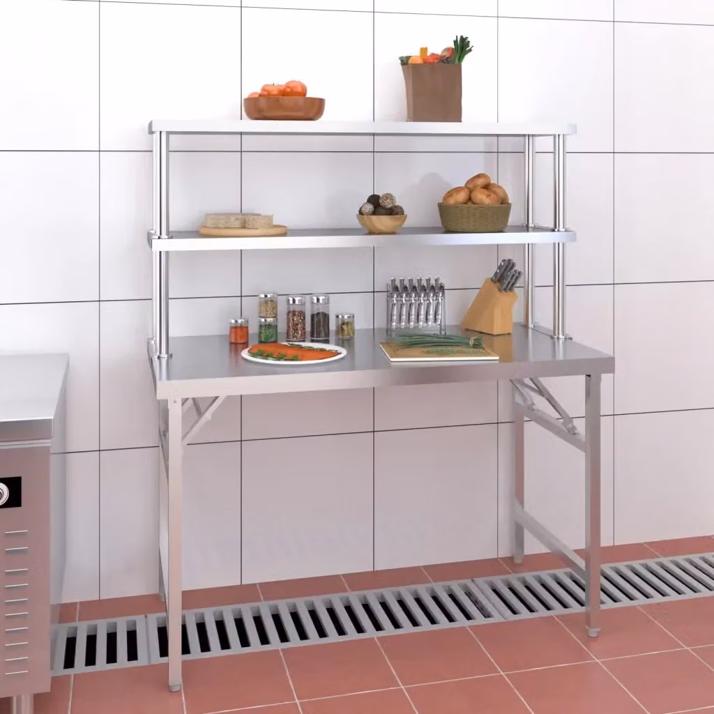 Tavolo da lavoro per cucina pieghevole in acciaio inox color argento L/P/H: 120 x 60 x 145 cm – 2
