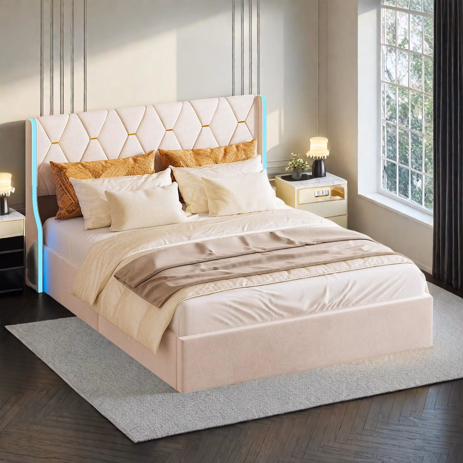 Letto imbottito ProximaX con illuminazione LED, letto idraulico 160 x 200 cm, letto imbottito, struttura letto con rete a doghe, confortevole, per camera da letto, camera degli ospiti, beige