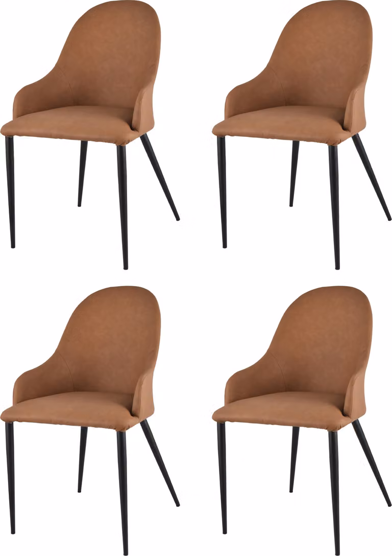Set di 4 sedie Jessica imbottite con braccioli, rivestite in ecopelle marrone chiaro e gambe in ferro nero opaco