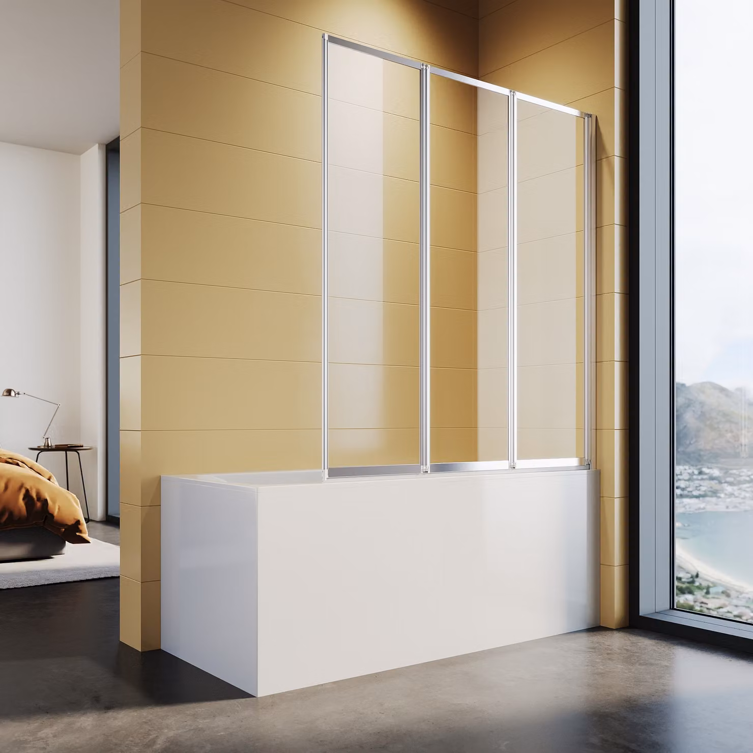 Schermo doccia per vasca SONNI, 130x140 cm, vetro di sicurezza temperato con nano rivestimento, per bagno, pieghevole