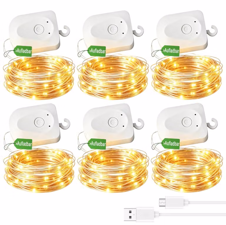 Set di 6 catene luminose a LED, lunghezza 3 metri, 30 LED, con timer, luce bianco caldo, impermeabili