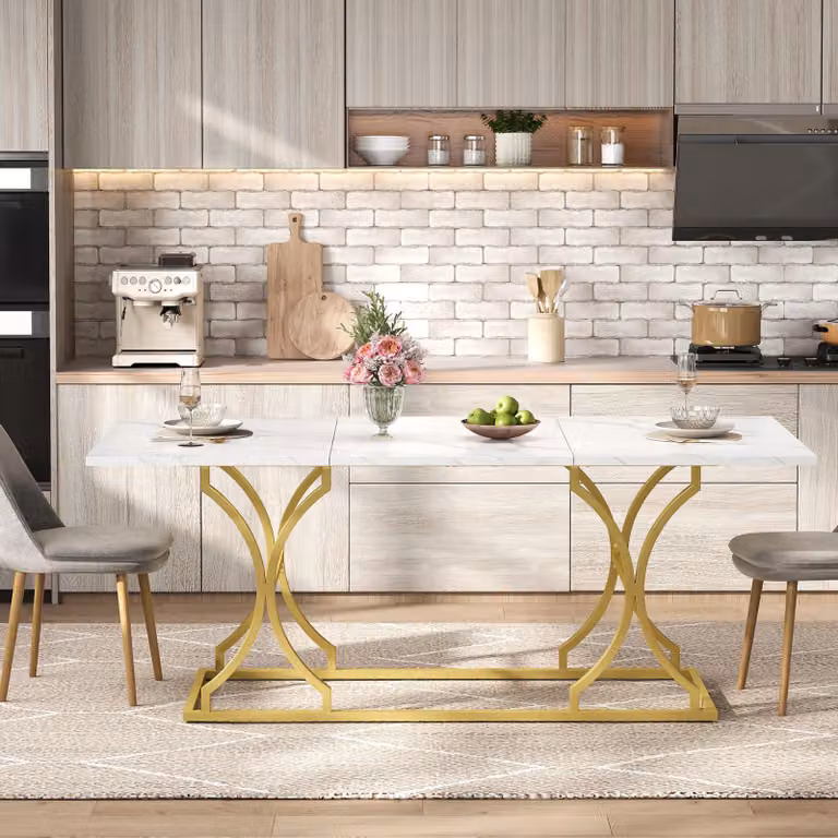 Tavolo da pranzo 200x80 cm, adatto per 8-10 persone, tavolo moderno con aspetto marmorizzato e gambe in metallo dorato