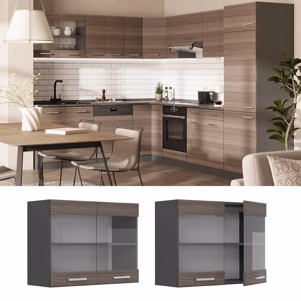 Mobile pensile da cucina R-Line Vicco con ante in vetro, Grigio nobile/Antracite, L: 80 cm, P: 31 cm, H: 60 cm – 2