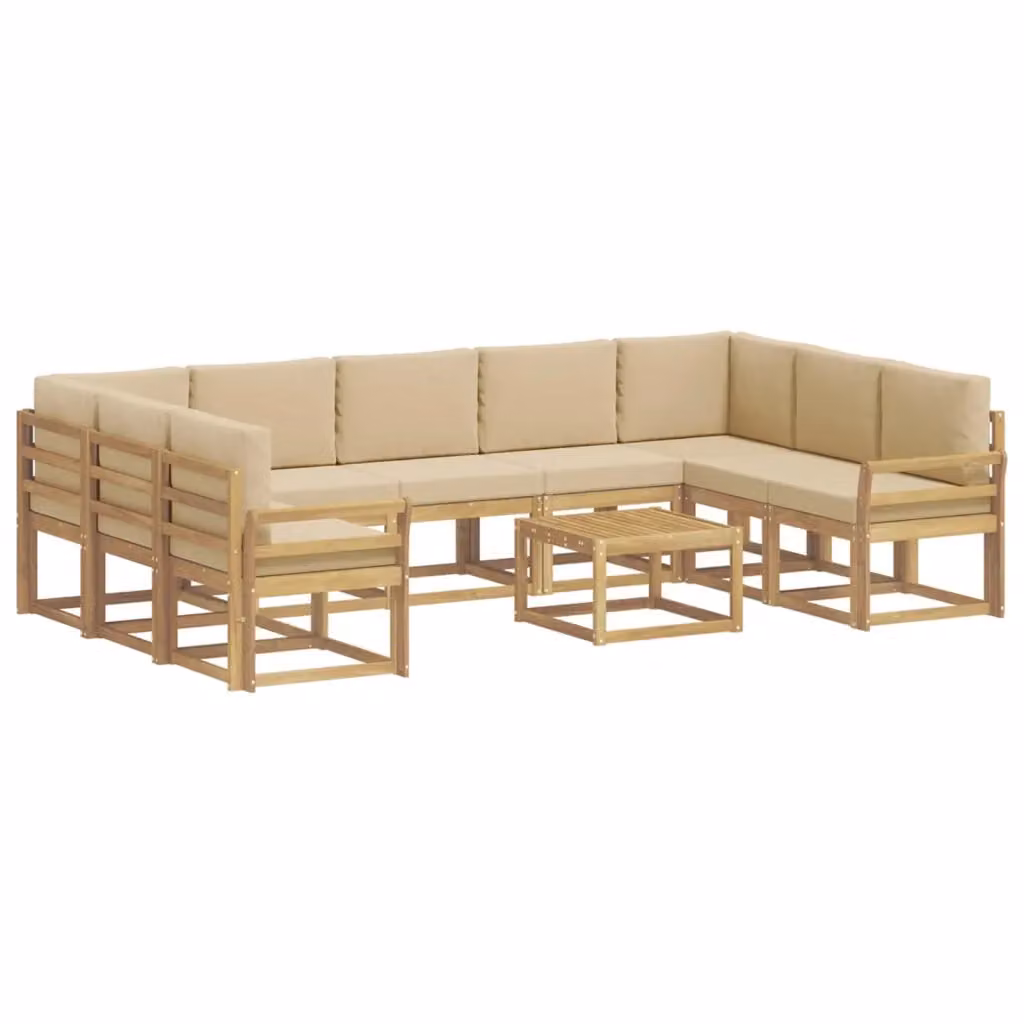 Set di divani da esterno a forma di U vidaXL in legno di acacia con cuscini, Bianco e Beige – 2