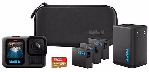 Action Camera GoPro HERO13 Black Extended Power Bundle con 3 batterie Enduro, caricabatterie doppio, supporto adesivo curvo, microSD SanDisk da 64GB e custodia, Nero