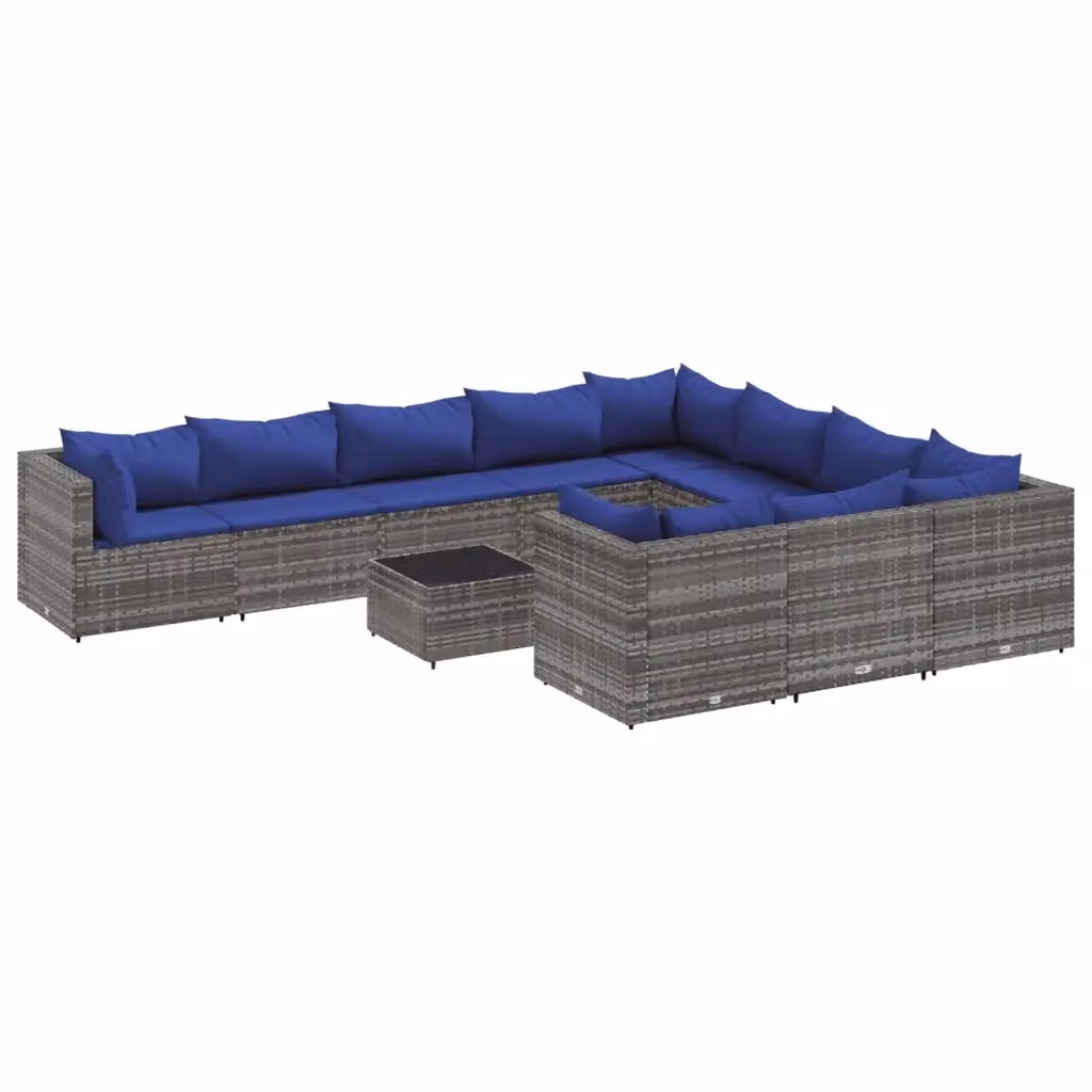 Set di Divani da Giardino a Forma di U vidaXL con 11 Pezzi, Polyrattan Grigio e Blu con Cuscini e Tavolino da Caffè – 2