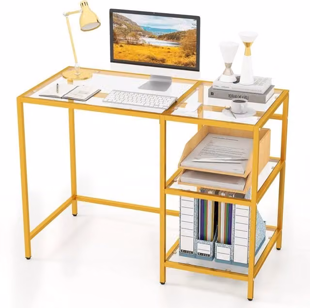 Scrivania Design In in vetro temperato trasparente con struttura in acciaio oro e 2 ripiani, L 106 x P 51 x H 77,5 cm