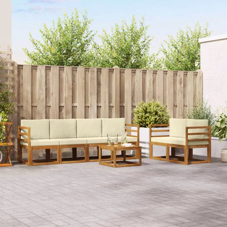 Set di divani da esterno vidaXL 7 pz in legno di acacia con cuscini beige e bianco