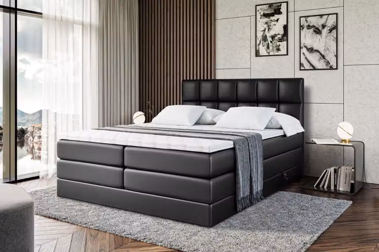 Letto boxspring ALTDECOR con materasso e rete a doghe - RICAR KING 120x200 cm - Pelle finta nera - Topper, letto imbottito con contenitore, letto con vano portaoggetti H3 e H4 - Materasso, letto matrimoniale, letto boxspring