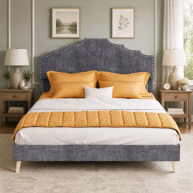 Letto imbottito con testiera geometrica e rete a doghe; 140 x 200 cm; grigio
