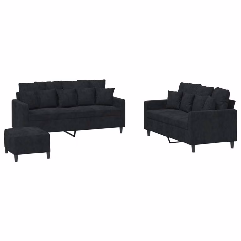 Set di Divani 3 pz con Cuscini Nero in Velluto