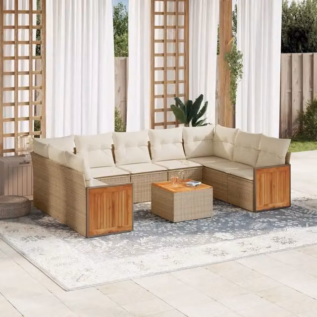 Set Divano da Giardino VIDAXL in Polyrattan Beige con 10 Pezzi e Cuscini – 1