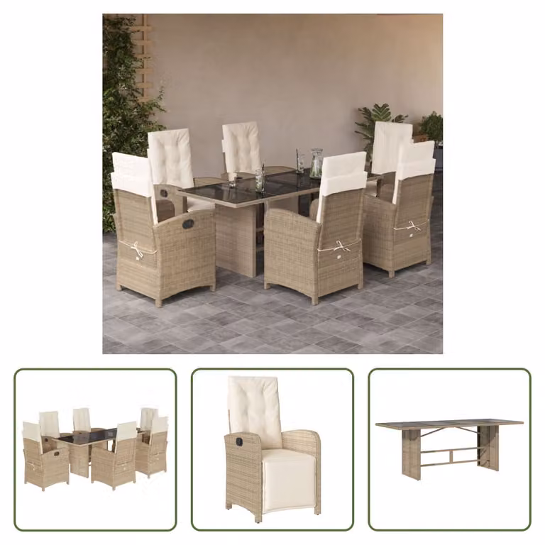 The Living Store Set da pranzo da giardino 7 pezzi con cuscini Beige poly rattan