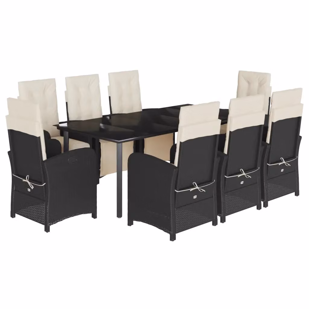Set da pranzo da giardino vidaXL in polyrattan nero con cuscini e tavolo in vetro per 9 persone – 2