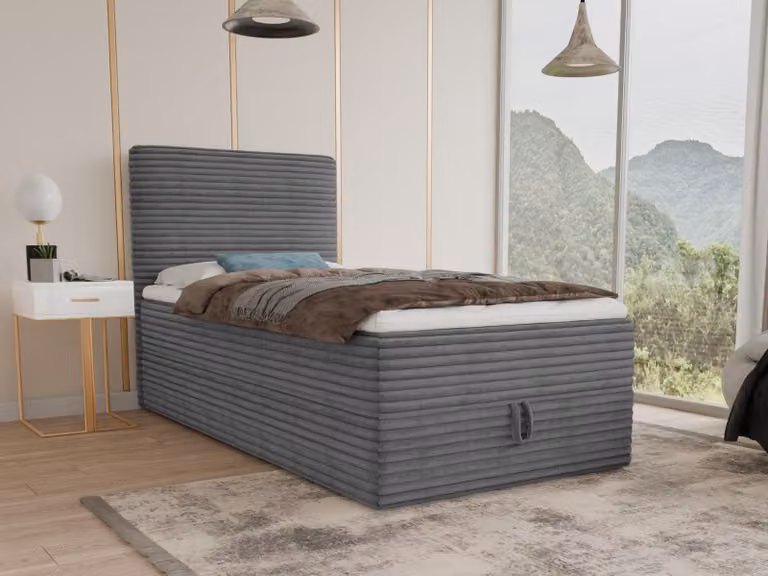 Letto boxspring Mollo Mini con contenitore e coprimaterasso - Letto singolo con materasso Bonell e coprimaterasso, letto imbottito in morbido velluto a coste, letto, camera da letto (Graphit (Tilia 90), 120 x 200 cm)