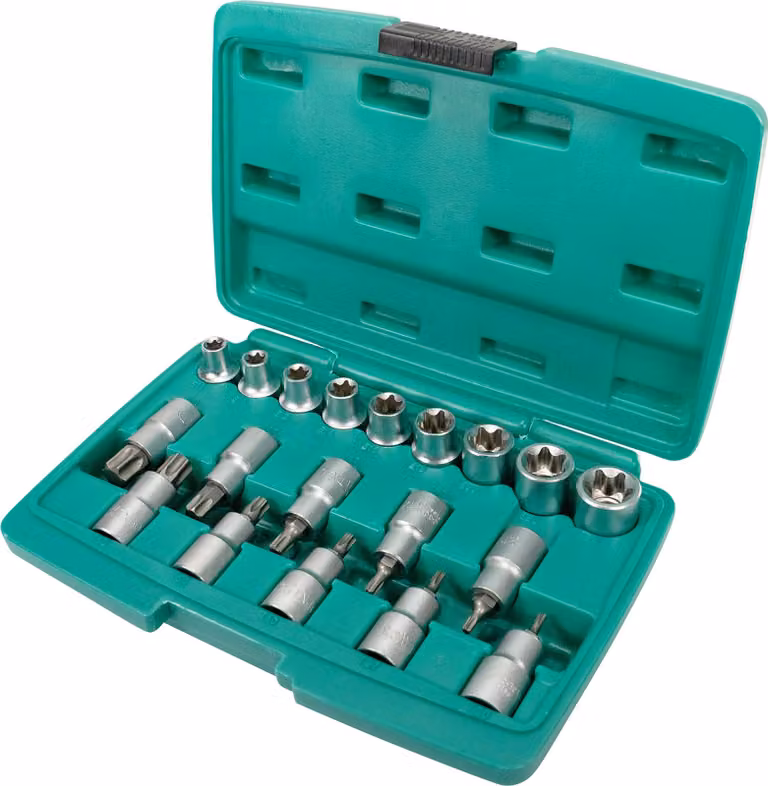 Set chiavi bussola e punte per viti Torx da 19 pezzi con attacco 1/2 pollice | WIESEMANN 80195 | lega acciaio in cromo e vanadio | per viti Torx interne ed esterne | speciale | valigetta per trasporto