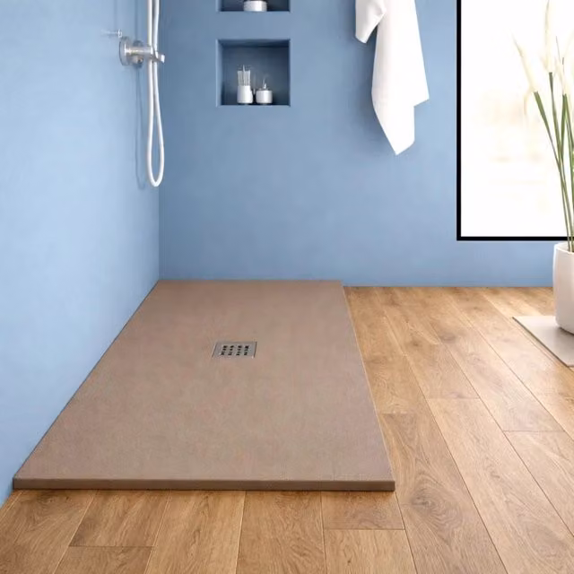 Piatto doccia rettangolare IX BOX SHOWER in marmo minerale color sabbia con effetto cemento e superficie antiscivolo L: 150 cm, P: 70 cm, H: 2.5 cm