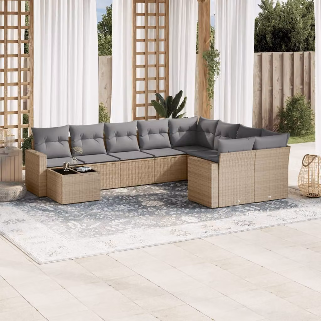 Set Divano da Giardino vidaXL 10 pz a Forma a L con Cuscini Beige e Grigio in Polyrattan e Metallo – 1