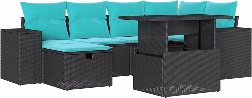 set di divani da giardino 7 pezzi con cuscini, polyrattan nero