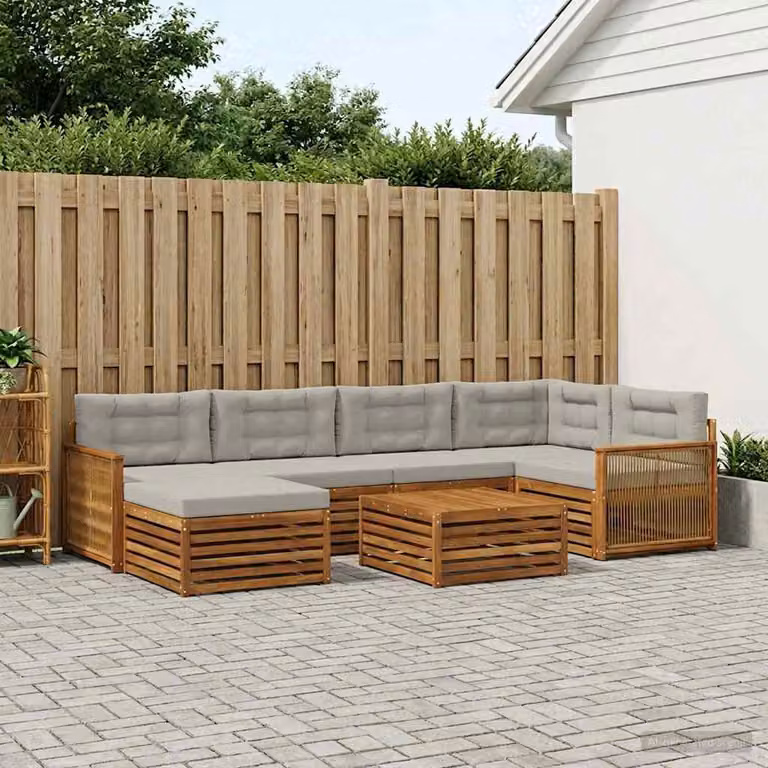 Set di divani da esterno vidaXL a forma di L in legno di acacia con tavolino e pouf, 7 pezzi, Beige e Grigio