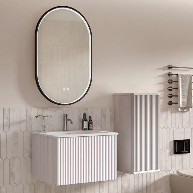 Set mobile bagno sospeso bianco con lavabo, colonna laterale e specchio LED
