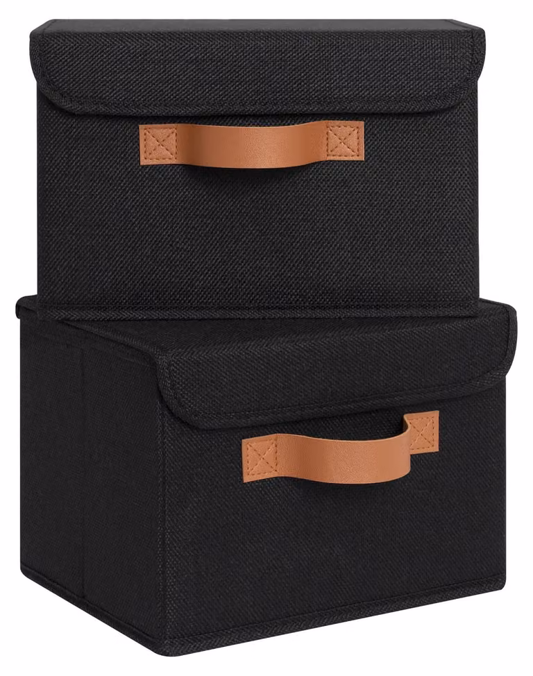 Piccole scatole di stoccaggio con coperchio, confezione da 2 contenitori, scatola pieghevole per abbigliamento - nera