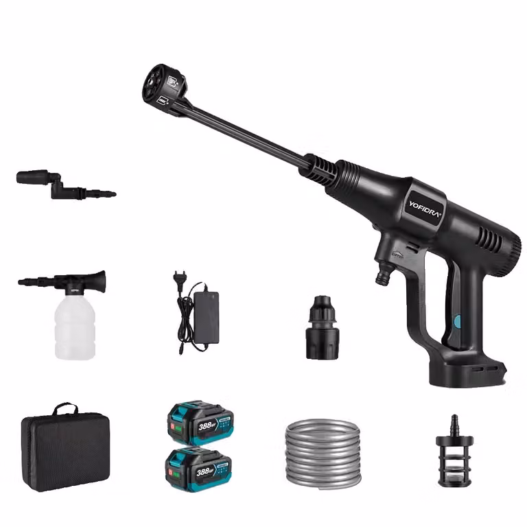 Pistola per idropulitrice, potenza 200 BAR, sistema a 3 velocità, design elettrico senza fili, 2 batterie, spina di tipo europeo