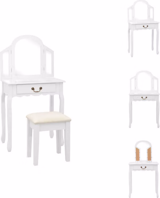 vidaXL Tavolino da toilette con sgabello bianco 65x36x128 cm in legno di Paulownia MDF - Tavolini da toilette