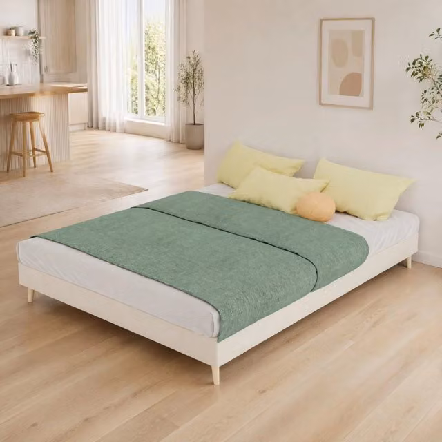 Letto matrimoniale 140x200 cm beige in tessuto, struttura metallica con testiera geometrica, senza materasso