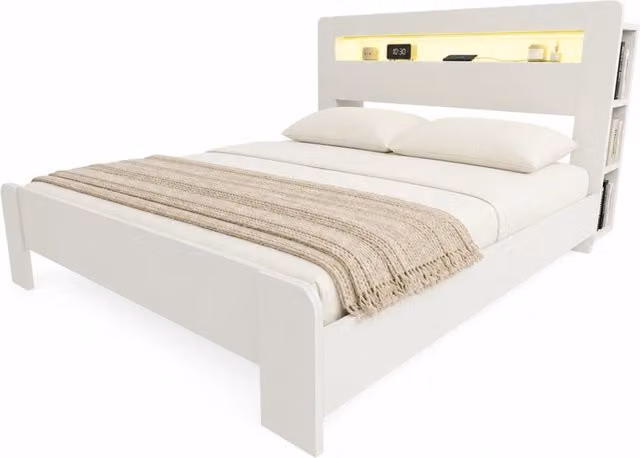 Letto matrimoniale 180x200 cm con testiera contenitore; LED e prese integrate; bianco