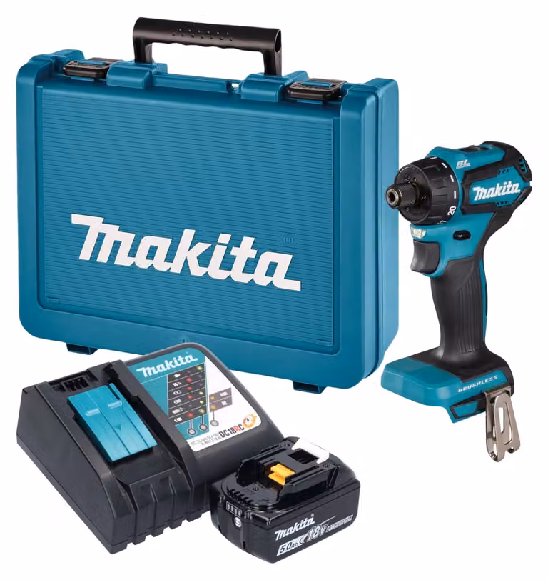 Trapano avvitatore a batteria Makita DDF 083 RT1E 18 V 40 Nm 1/4'' brushless + 1 batteria da 5,0 Ah + caricabatterie + valigetta