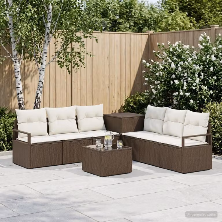 Set di divani da giardino vidaXL in polyrattan marrone e bianco crema, composto da 8 pezzi con divani, tavolino e cuscini inclusi