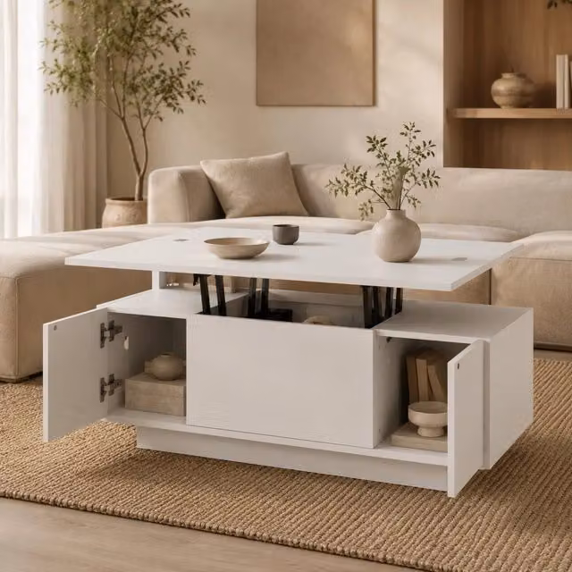 Tavolino da salotto 100x50 cm bianco con doppio piano sollevabile e contenitore