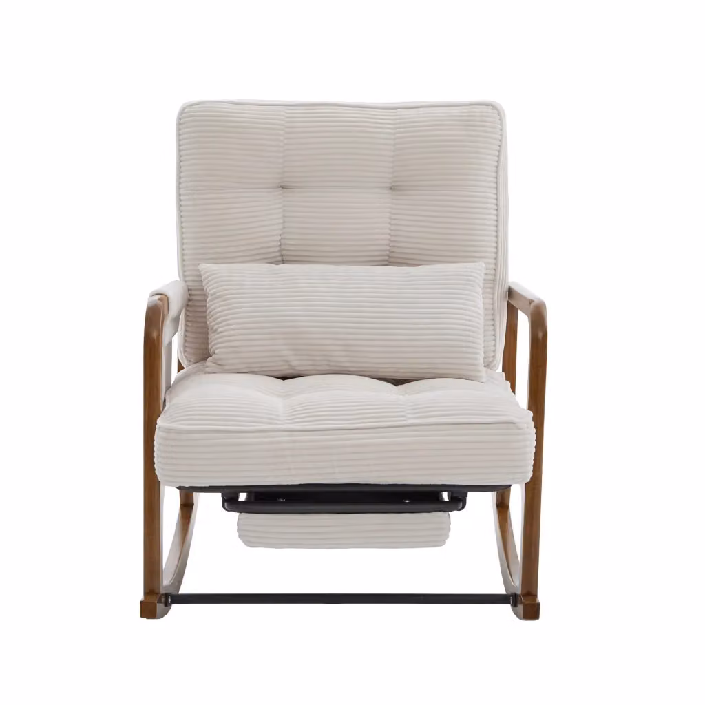 Poltrona dondolo Minimal con poggiapiedi e cuscino lombare beige in tessuto corda e struttura in legno massello – 2
