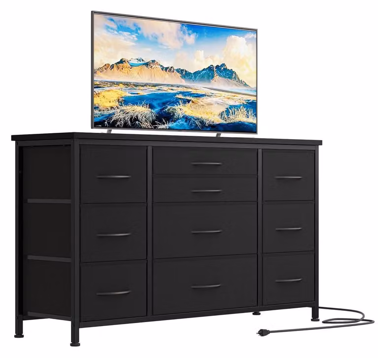 Comodino con 10 cassetti imbottiti e 3 prese di corrente, mobile TV, mobiletto porta TV, ingresso, soggiorno, 121 cm, nero