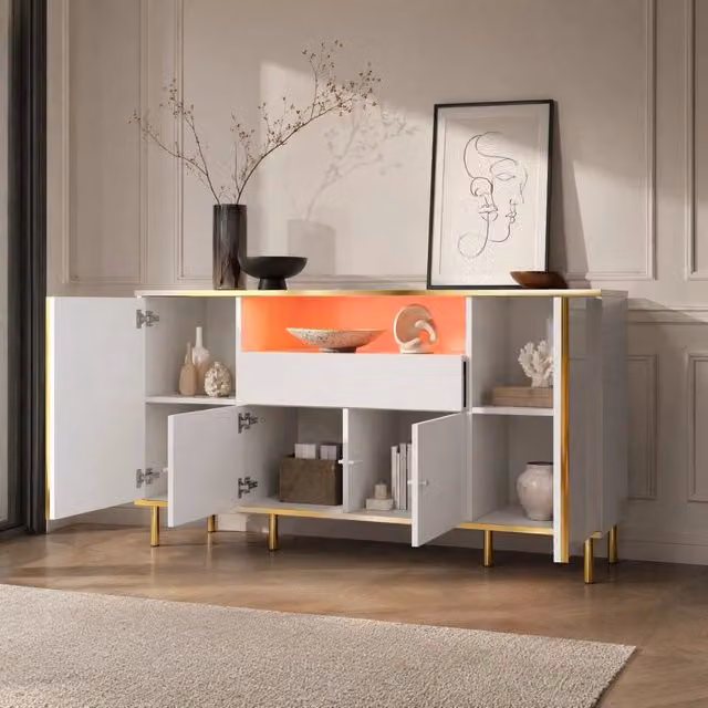 Sideboard REDOM moderno in MDF bianco lucido con dettagli oro e illuminazione LED integrata L/P/H: 150 x 40 x 80 cm