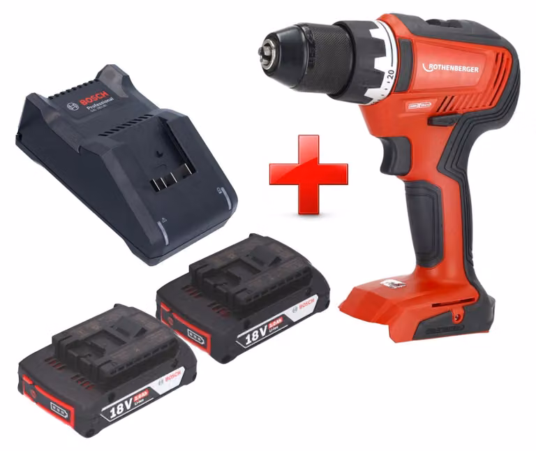 Trapano avvitatore a batteria Rothenberger RO DD55 18 V 55 Nm Brushless AMPShare + 2 batterie da 2,0 Ah + caricabatterie