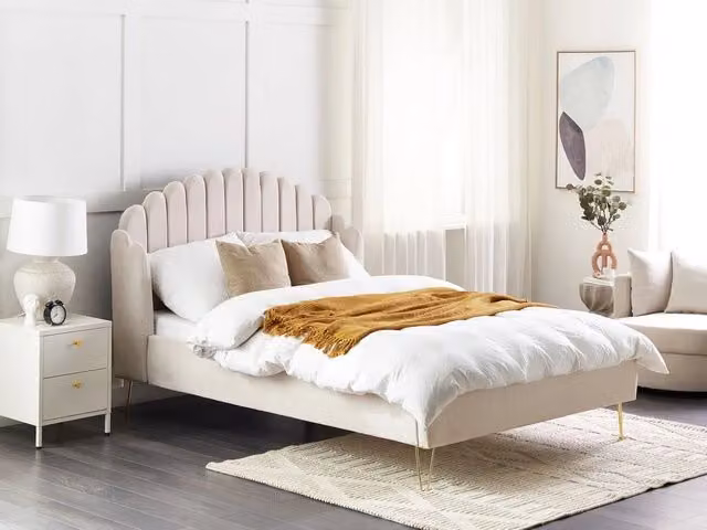 Letto Beliani con rete e testata capitonné in tessuto beige, L/P: 140 x 200 cm