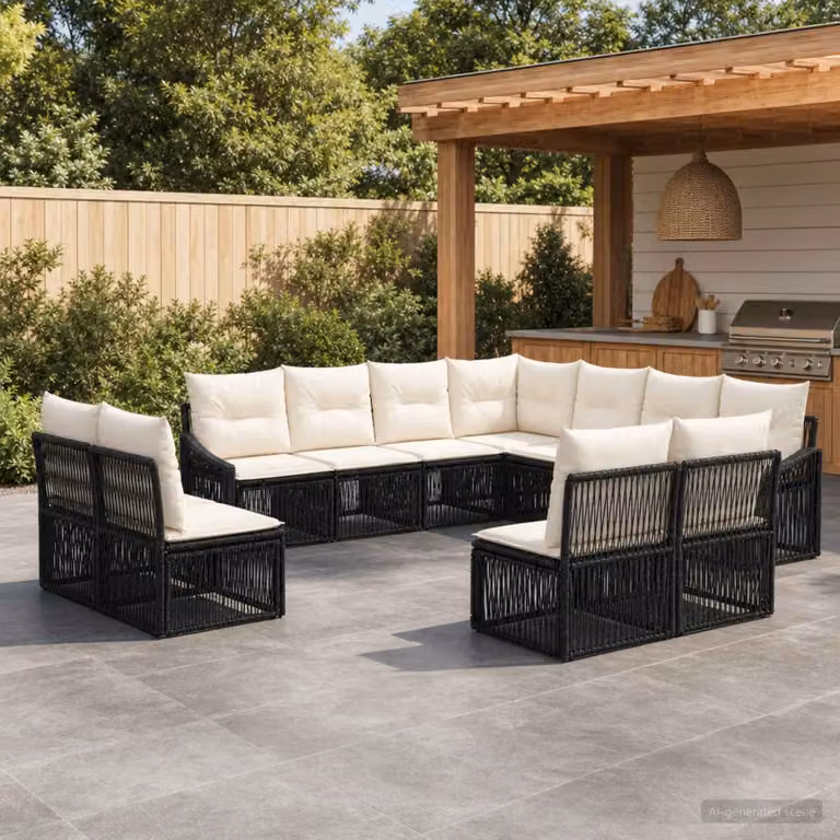 Set Divano da Giardino vidaXL 11 pz Nero con Cuscini e Struttura in Metallo a Forma di U