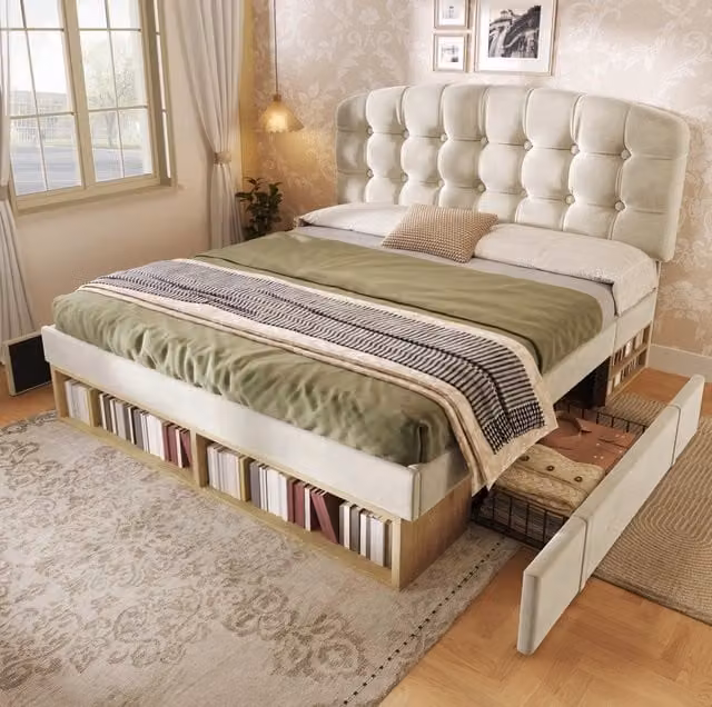 Letto matrimoniale ULEVR 140x200 cm in velluto beige con testiera regolabile, cassetti e vani contenitore